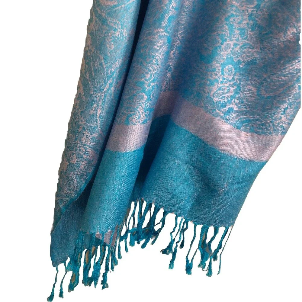 PASHMINA Cashmere Silk Paisley Fringe Shawl Elegant Blue Silver Wrap Scarf 28x78